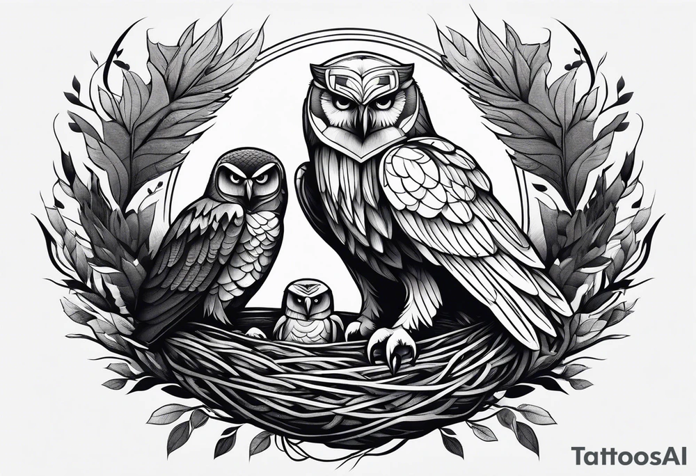 Owl, raven, eagle cuddled in a nest, birdseye view tattoo idea