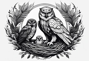 Owl, raven, eagle cuddled in a nest, birdseye view tattoo idea