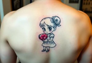 Cartoon style Ruby gem stone being held by a little girl tattoo idea