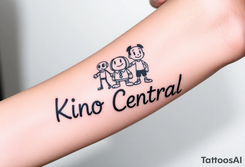 Forearm tattoo of cartoon characters standing on top of the words kino central tattoo idea