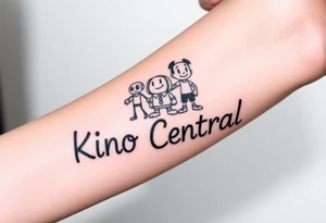 Forearm tattoo of cartoon characters standing on top of the words kino central tattoo idea