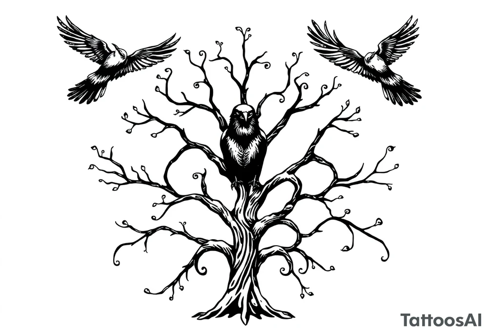 Irish family tree with 3 flying ravens tattoo idea