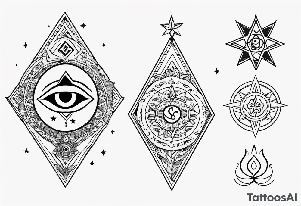 Hamsa with a third eye, a compass, tree of life, Jewish star and AA symbol tattoo idea