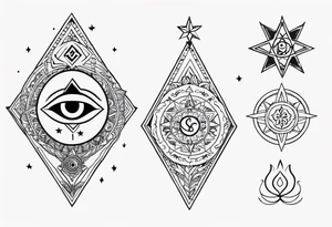 Hamsa with a third eye, a compass, tree of life, Jewish star and AA symbol tattoo idea