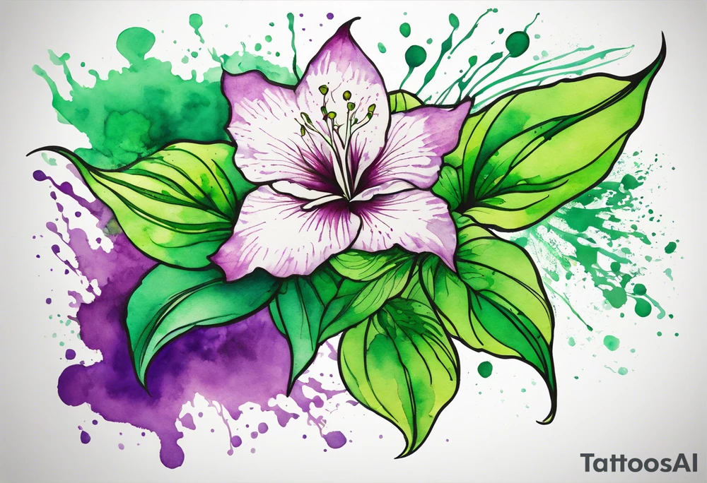 An outline of a green rio dipladenia flower and a green and purple watercolor splash in the background tattoo idea