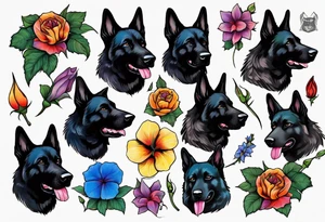 Black German shepherd portrait brightly colored with morning glory tattoo idea
