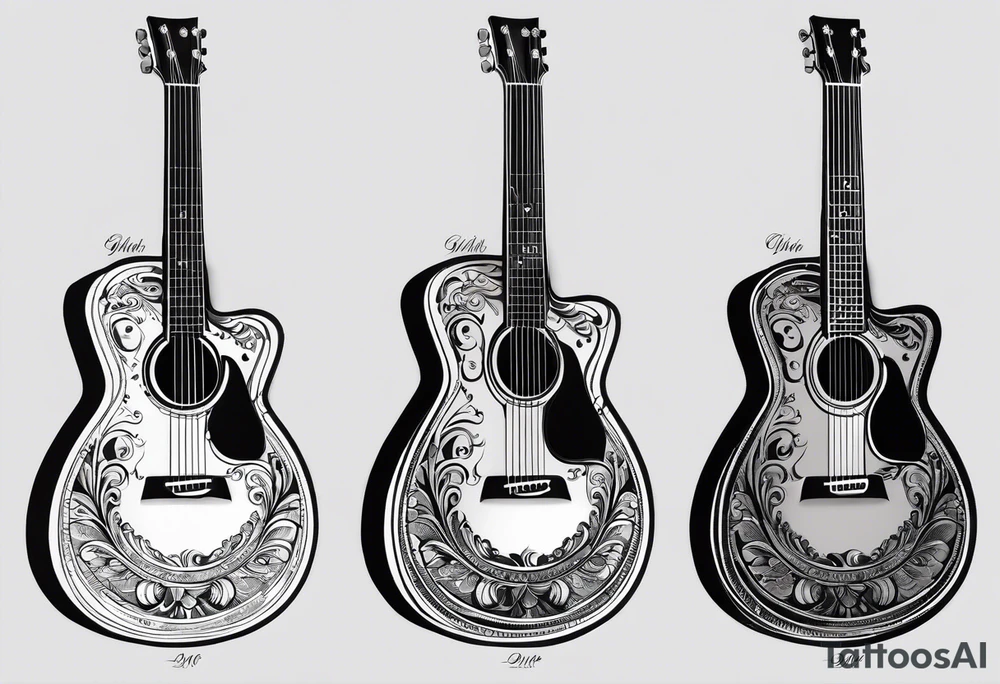 A minimalist guitar design, small in size, with clean lines and vintage detailing. The guitar represents a deep connection to music, with a classic, understated design that captures its essence without embellishments. tattoo idea