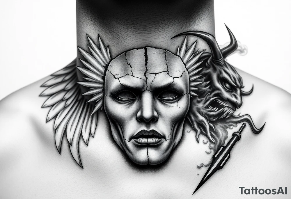 Realistic black and grey neck tattoo design. In the center of the throat, a human mask made of cracked stone or porcelain with natural facial features. The mask is breaking apart from the pressure of both sides — a screaming angel on the left and a screaming demon on the right. From the cracks on the angel’s side, soft white and blue light emerges; from the demon’s side, dark smoke and shadow flow out. The mask’s fragments slightly detach, revealing inner light and darkness mixing at the center. Highly detailed realism with strong contrast, fine shading, emotional and symbolic atmosphere, representing the true self shattered by the inner battle between good and evil. tattoo idea