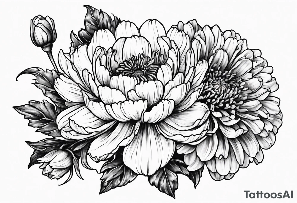 Three Flowers: marigold, chrysanthemum, narcissus tattoo idea