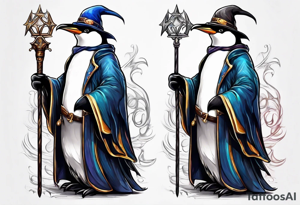 Wizard penguin holding a staff tattoo idea