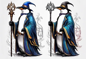 Wizard penguin holding a staff tattoo idea