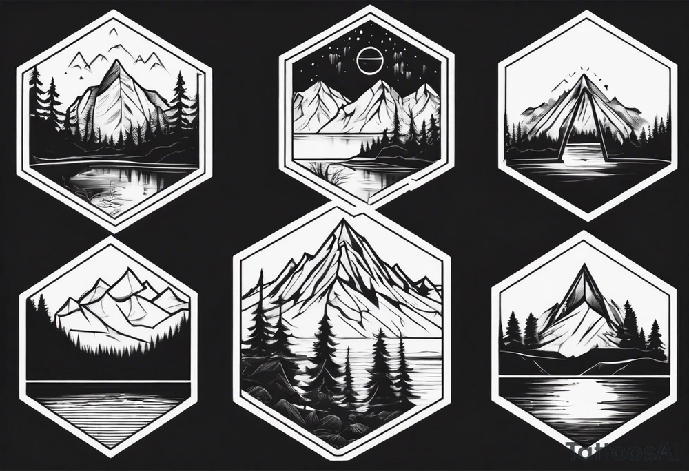 A hexagon with a mountain in the background, a coniferous forest in the foreground and a lake at the bottom tattoo idea