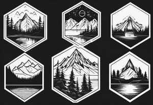 A hexagon with a mountain in the background, a coniferous forest in the foreground and a lake at the bottom tattoo idea