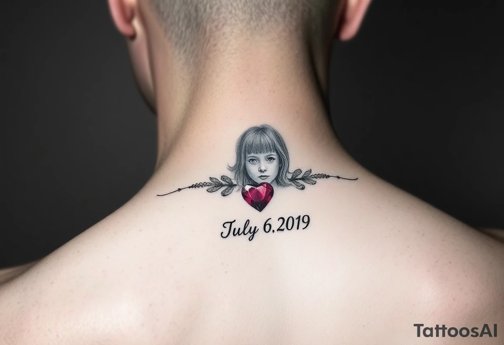 Ruby gemstone with a little girl with the birthday July 6, 2019 to fit on lower ankle tattoo idea