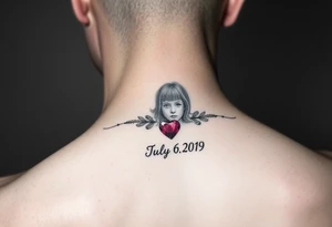 Ruby gemstone with a little girl with the birthday July 6, 2019 to fit on lower ankle tattoo idea