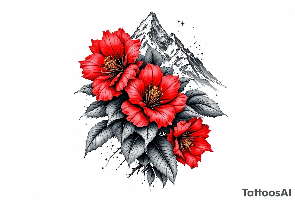 wrist size red  and black rhododendron trippy with Himalayas behind tattoo idea
