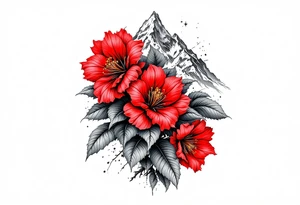 wrist size red  and black rhododendron trippy with Himalayas behind tattoo idea