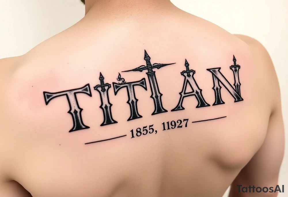 Name ‘Titan’ with birthday, Greek mythology inspired font with mini swords tattoo idea