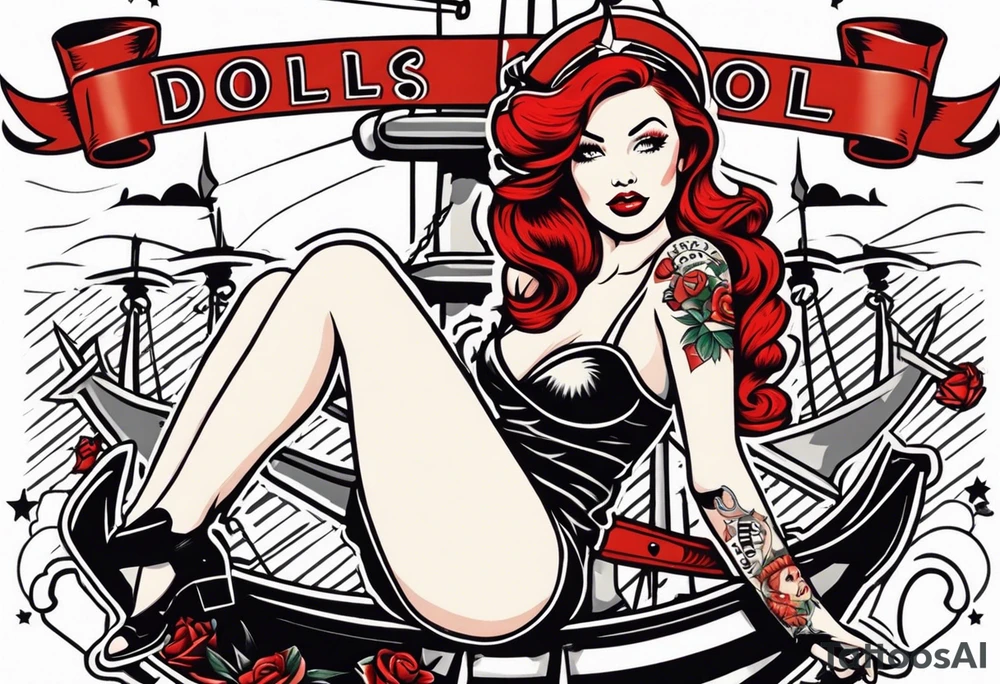 red head pin up girl sitting on an anchor with a banner winding around her that says doll face tattoo idea