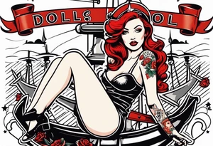 red head pin up girl sitting on an anchor with a banner winding around her that says doll face tattoo idea
