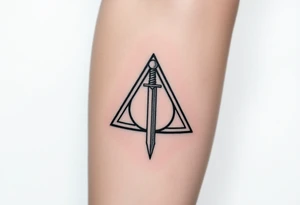 deathly hallows symbol from harry potter with a sword in the middle tattoo idea