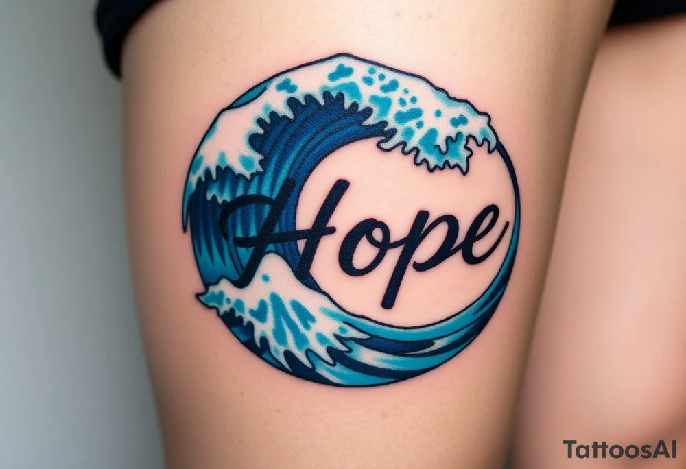 A gentle ocean wave curling around the word "Hope", in deep blues and soft seafoam hues tattoo idea