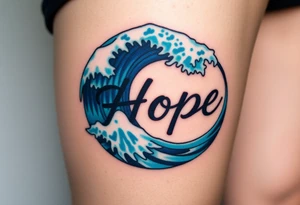 A gentle ocean wave curling around the word "Hope", in deep blues and soft seafoam hues tattoo idea