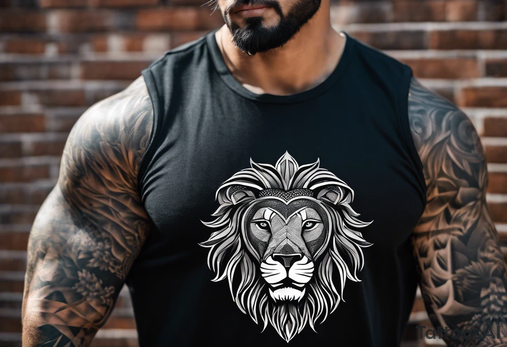 A full tattoo sleeve designed with a strong, masculine aesthetic, featuring a powerful lion as the centerpiece. The lion, symbolizing strength, courage, and leadership, is depicted with intricate detail and dynamic shading, capturing its fierce expression and majestic mane. Surrounding the lion, incorporate geometric patterns that add structure and contrast to the design. These patterns are bold and angular, creating a sense of order and symmetry that complements the natural form of the lion. The geometric elements are woven around the lion, emphasizing its central position while providing a modern, edgy backdrop. The shading throughout the sleeve is deep and dramatic, enhancing the contrast between the organic features of the lion and the precise lines of the geometric patterns. The overall design is bold, intense, and visually striking, combining the raw power of the lion with the clean, ordered aesthetic of geometric patterns for a cohesive and masculine tattoo sleeve. tattoo idea