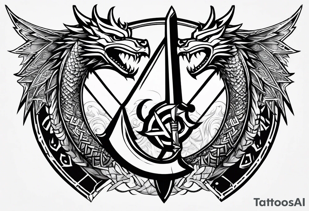 Valhalla sword shield dragon axe Valknut tribal tattoo idea Valhalla sword shield dragon axe Valknut tribal tattoo idea