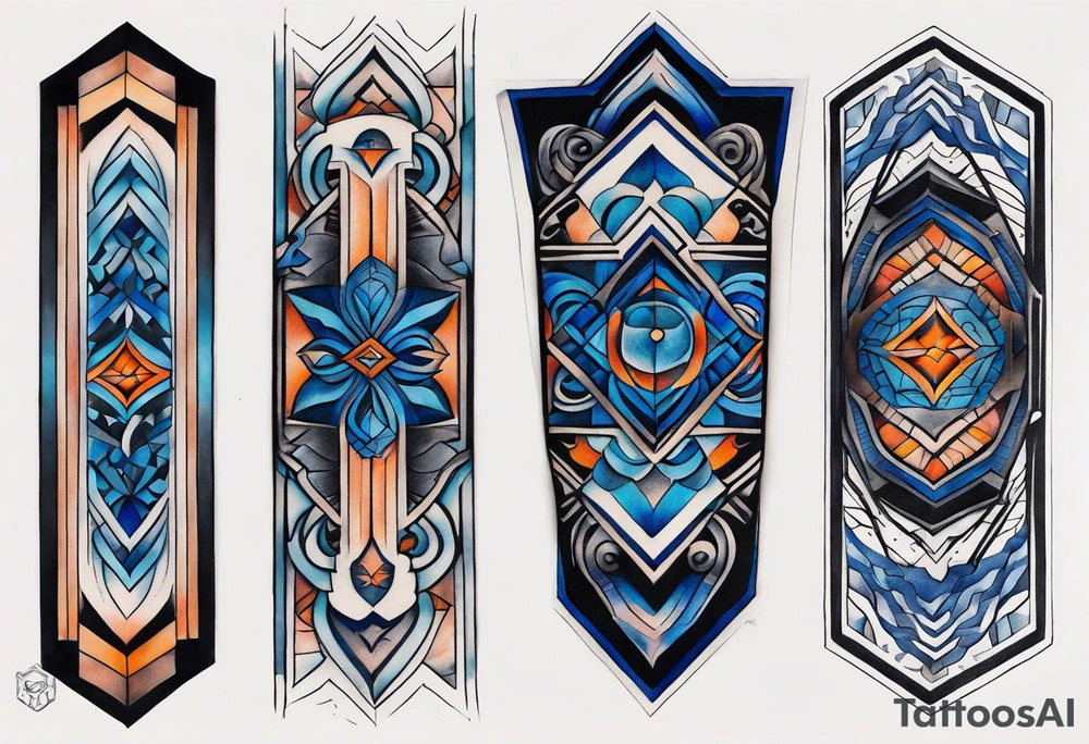 semi Detailed neo traditional knee tattoo flat on paper. The tattoo features geometric patterns and bold lines, creating a visually striking design with slight tints of deep fall colors. The a background 
outside the tattoo features deep blues washes and water swirls tattoo idea