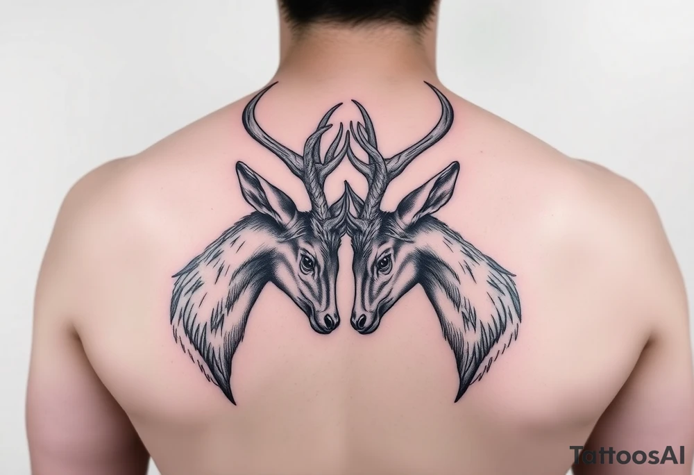 Entire Full body showing in the tattoo of the Two deer with their heads down hitting horns to show dominance. tattoo idea
