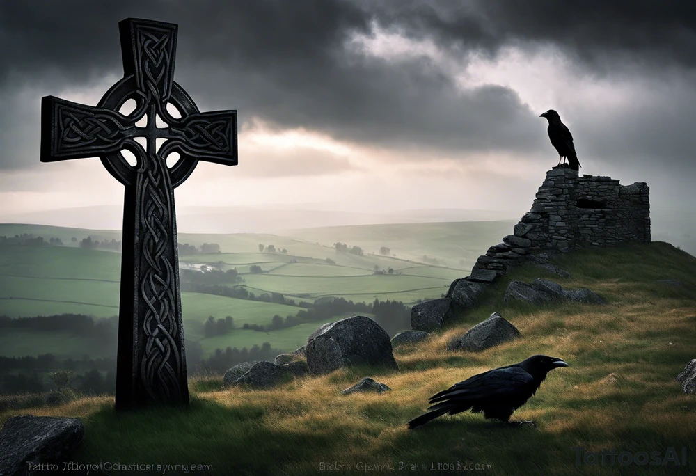 A stone Celtic cross solemnly standing atop a hill, a raven perches atop the cross staring out over the desolation. A ruined stone wall lies crumbling near the cross. Mist rolls along the hilltops adding to the melancholic nature of the scene tattoo idea