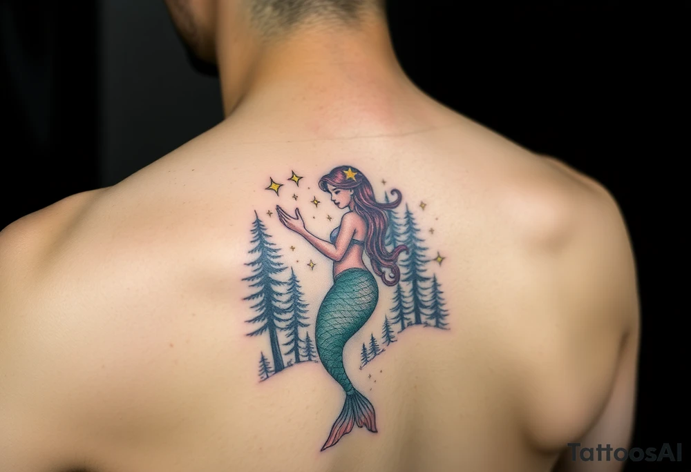 color tattoo on shoulder mermaid and forest around with starry sky tattoo idea
