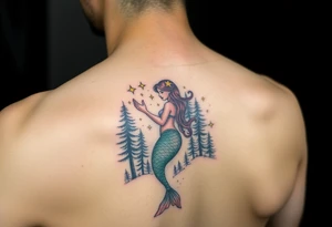 color tattoo on shoulder mermaid and forest around with starry sky tattoo idea