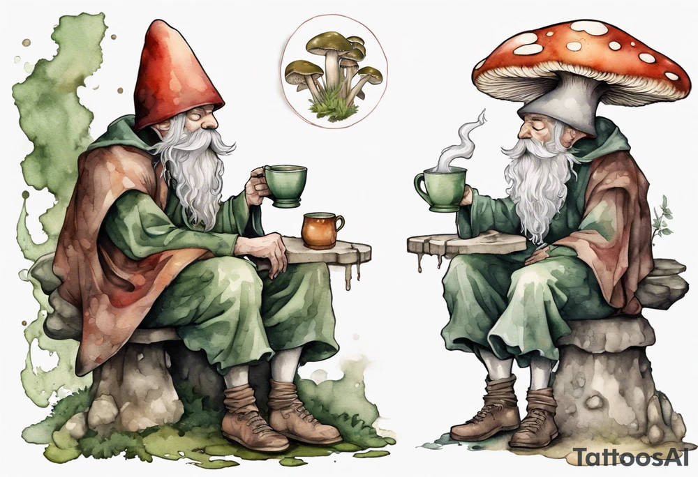 a mushroom with a mossy beard wearing medieval clothes sitting on a stool drinking from a stone mug tattoo idea