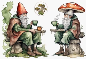 a mushroom with a mossy beard wearing medieval clothes sitting on a stool drinking from a stone mug tattoo idea