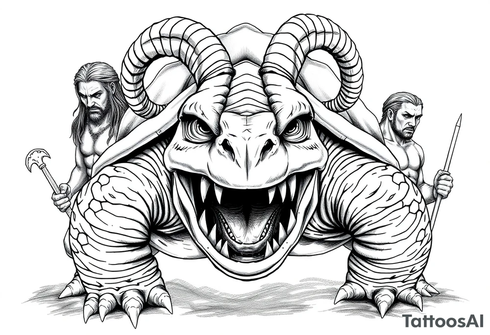 A giant and his 2 slaves powerful and angry turtle with goat horns and huge teeth tattoo idea