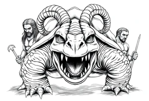 A giant and his 2 slaves powerful and angry turtle with goat horns and huge teeth tattoo idea