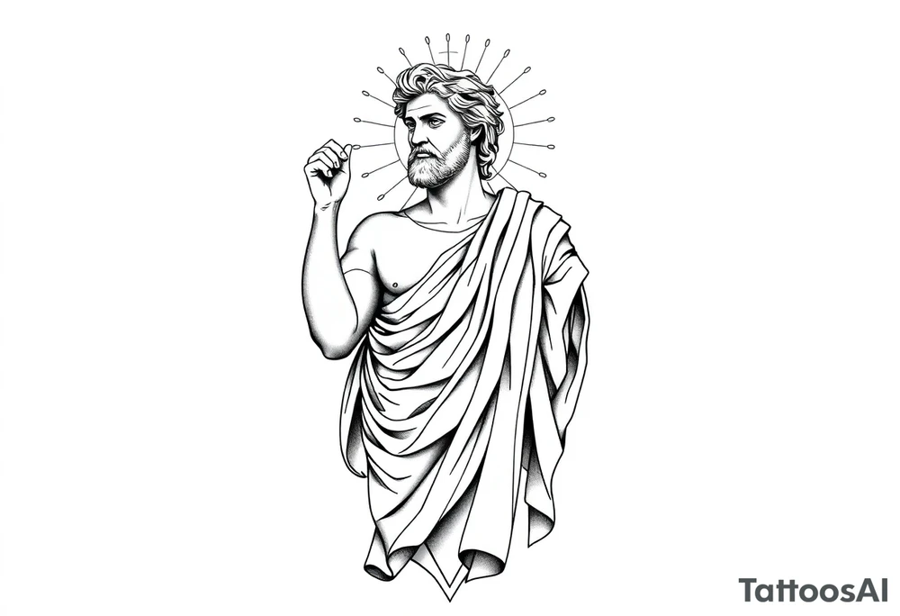 Tattoo design, vertical full sleeve composition, black and grey fine line linework style. Full figure of Apollo, Greek god of light, depicted in classical marble statue style, wearing flowing ancient drapery cloth. Calm powerful stance, balanced proportions, serene expression. Radiant sun halo behind the head with geometric rays. Subtle sacred geometry and orbital cosmic elements surrounding the figure. Laurel wreath symbolism integrated. Light energy lines and minimal abstract flow shapes. Clean composition, elegant, not overcrowded. Include the quote in fine serif lettering: “Do. Or do not. There is no try.” Tattoo stencil design, white background, no dark horror elements, no wings, professional tattoo flash. tattoo idea