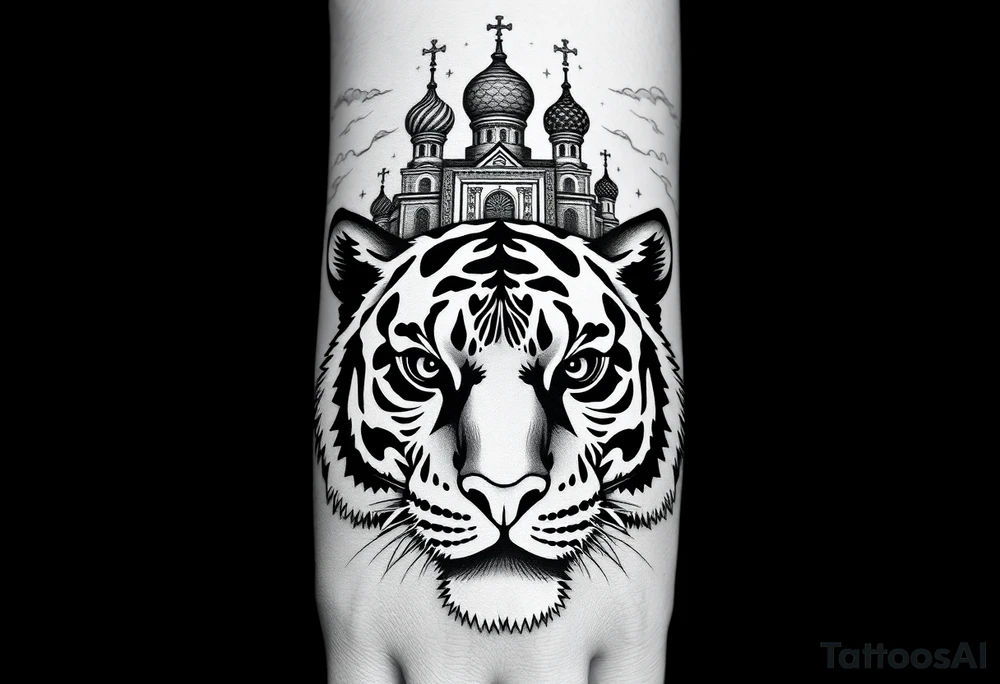 Realistic tiger face on the back of the hand with its eyes ALL black and no pupils, sitting beneath a Russian Orthodox cathedral sitting above on the top fore arm with onion domes and orthodox crosses. with clouds above and a virgin mary tattoo idea