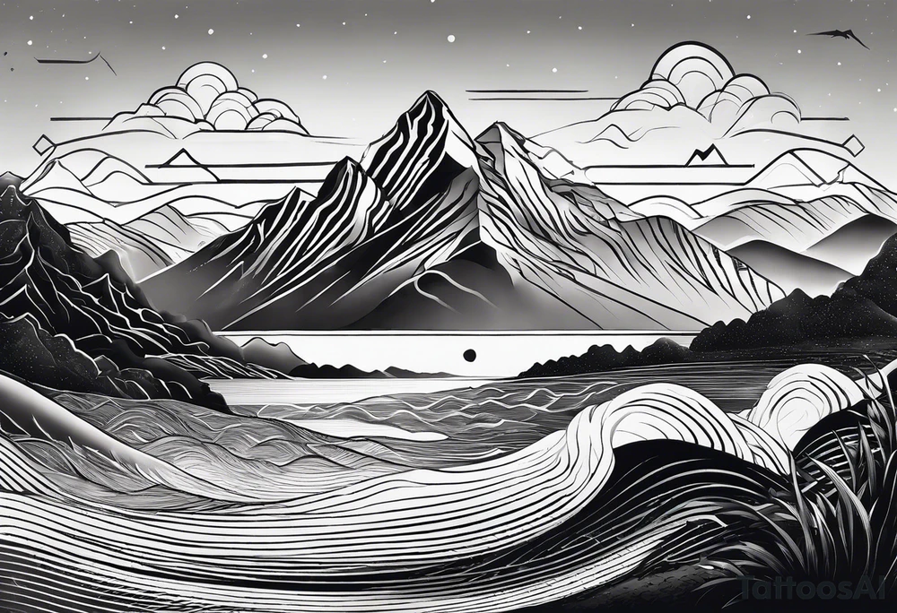 straight line -  represents overcoming challenges & strength - mountains, waves with a little sunshine tattoo idea