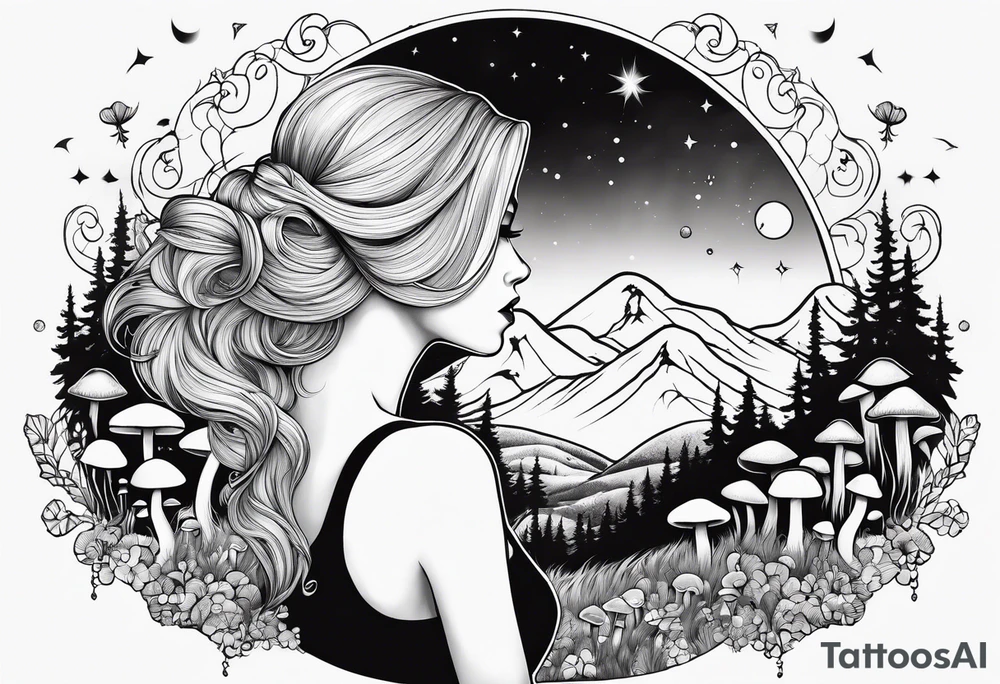 Straight blonde hair girl facing away mountains surrounded by mushrooms crescent moon tattoo idea