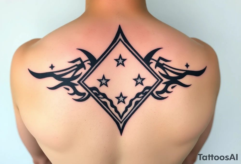 A sharp edged powerful wave with 2 stars inside of a elongated diamond tattoo idea