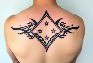 A sharp edged powerful wave with 2 stars inside of a elongated diamond tattoo idea