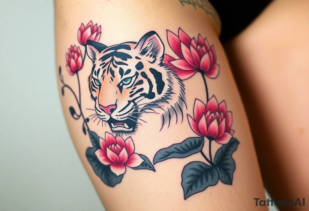 fierce tiger emerging through blooming lotus flowers in mist tattoo idea