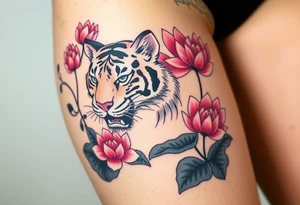 fierce tiger emerging through blooming lotus flowers in mist tattoo idea