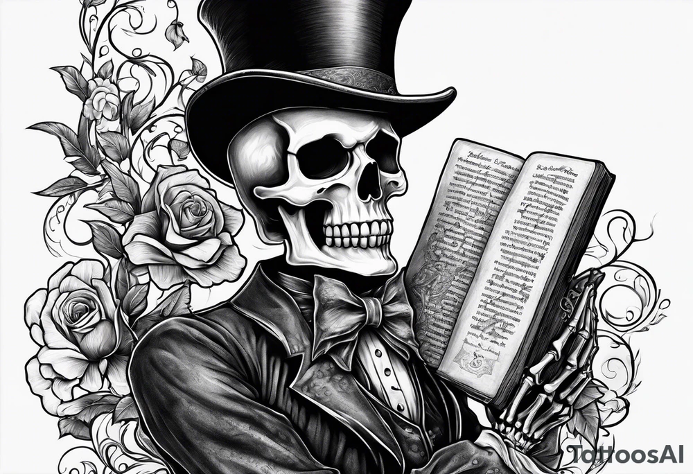 skeleton wearing a top hat holding a bible tattoo idea