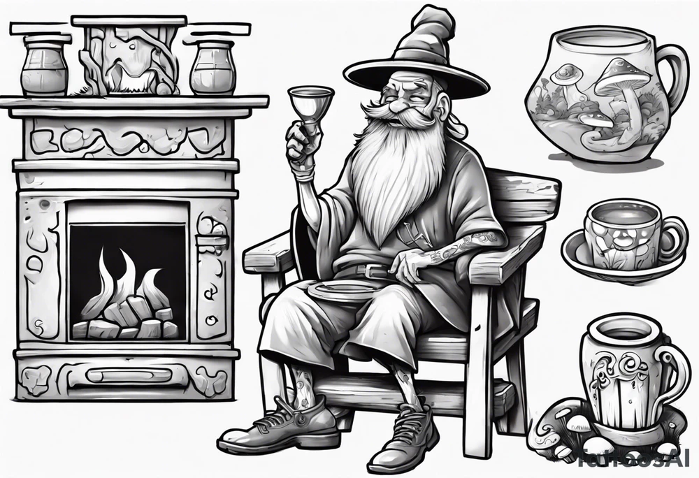 a mushroom with a long grey beard wearing a tunic and a floppy hat sitting on a bench by a fireplace drinking from a wood cup, smiling tattoo idea