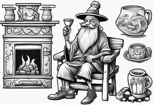 a mushroom with a long grey beard wearing a tunic and a floppy hat sitting on a bench by a fireplace drinking from a wood cup, smiling tattoo idea