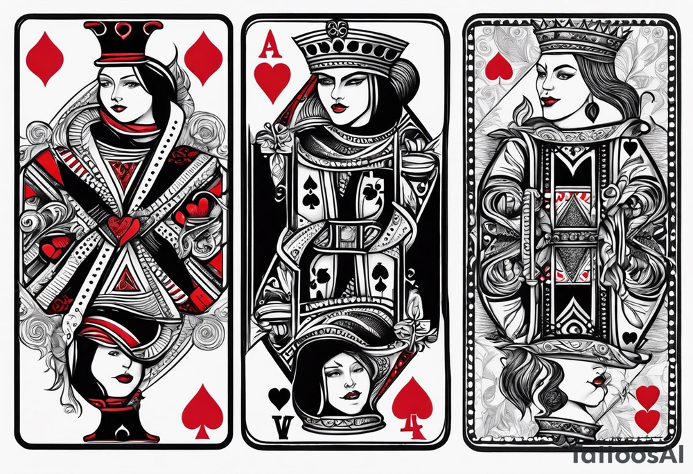 one playing card with both queen of hearts and king of spades incorporated in extreme minimalistic style tattoo idea